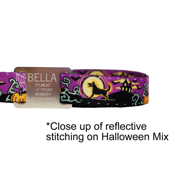 Personalized Halloween Dog Collars with Reflective Stitching and Slider Tag