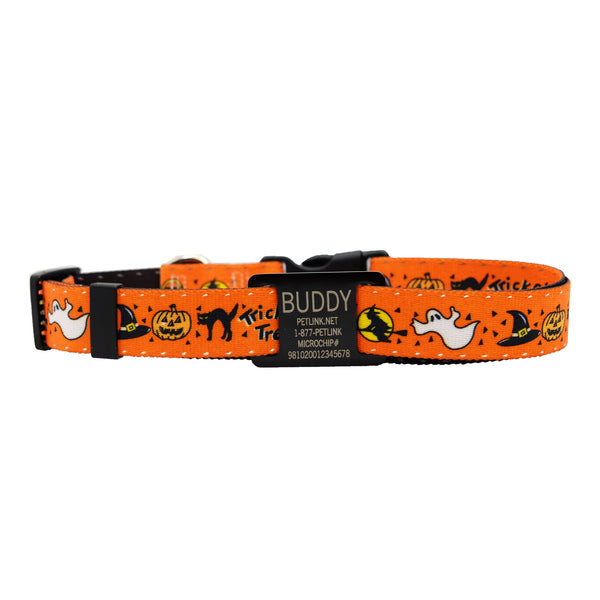 Personalized Halloween Dog Collars with Reflective Stitching and Slider Tag
